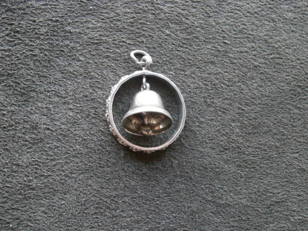 Bell Dangling in Ornate Circle Vintage Sterling Silver Bracelet Charm Pendant
