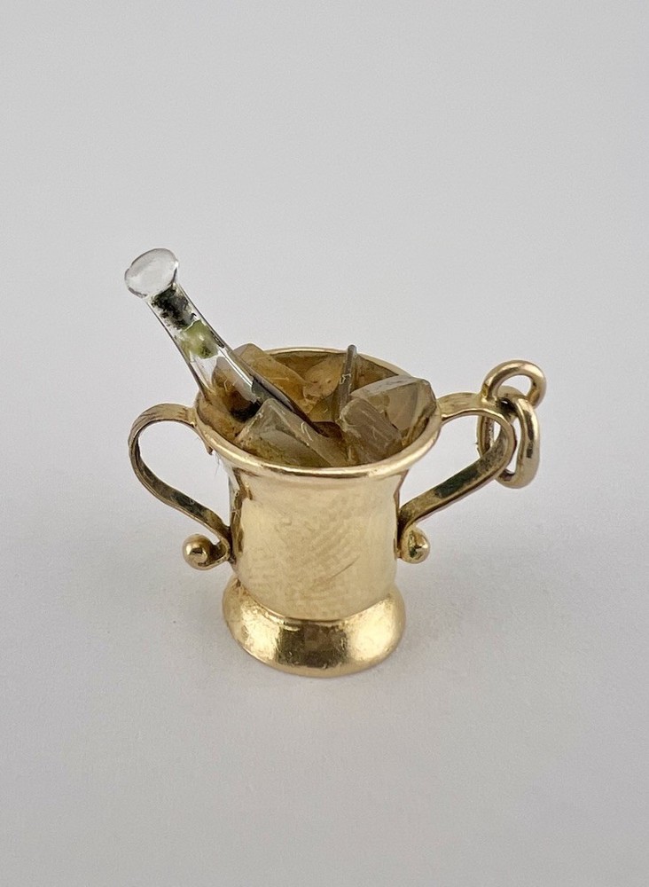 Antique 9k 9ct Yellow Gold Champagne Glass Bottle Ice Bucket Charm Pendant 1.8g