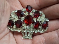 1930s red & clear rhinestone brooch, basket, flower bouquet, statement piece