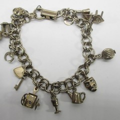 Vintage Charm Bracelet Mask Bell Heart Pitcher Key Silver Tone