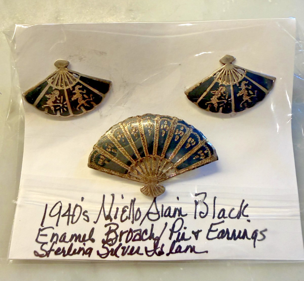 Vintage 1940s Siam Sterling Niello Fan Jewelry Set