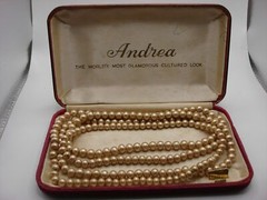 VINTAGE “Andrea” CHAMPAGNE FAUX PEARL NECKLACE 56″ IN O.B.!