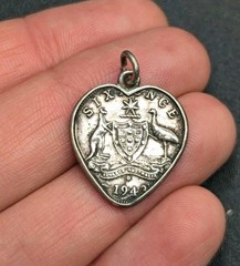 Vtg 1943 Australia Sixpence Heart Shaped Coin Charm Pendant Sweetheart Jewelry