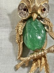RARE Vintage Marcel Boucher 7897P Owl Brooch Figural Green Belly Rhinestone HTF