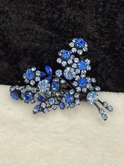Vintage Austria Rhinestone Flower Brooch Blue Black Enamel READ