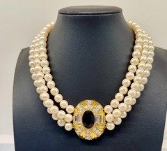 Vintage Triple Strand Faux Pearl Necklace Black & Rhinestone Clasp