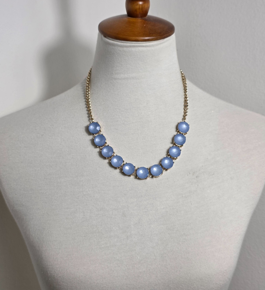 Gold Stone Collar Statement Necklace Round Sky Blue Stones in Prong Setting