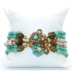 Vintage Signed Miriam Haskell Turquoise Bead Bracelet & Clip On Earrings Set