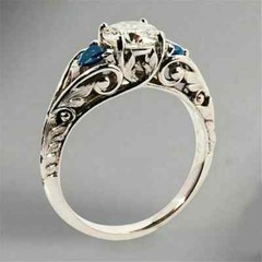 Antique Art Deco Lab Created Diamond & Sapphire 14K White Gold FN Wedding Ring