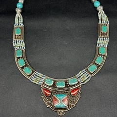 Nepal Jewelry Brass Turquoise Coral Heishi Beaded Handmade Choker Necklace