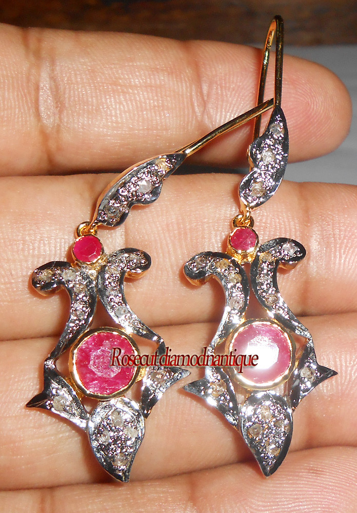 100% NATURAL 0.68ct ANTIQUE ROSE CUT DIAMOND SILVER RUBY DANGLE WEDDING EARRINGS