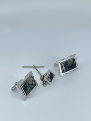 Swank Cufflink and Tie Tack set Jadeite rectangle silver tone 3/4″