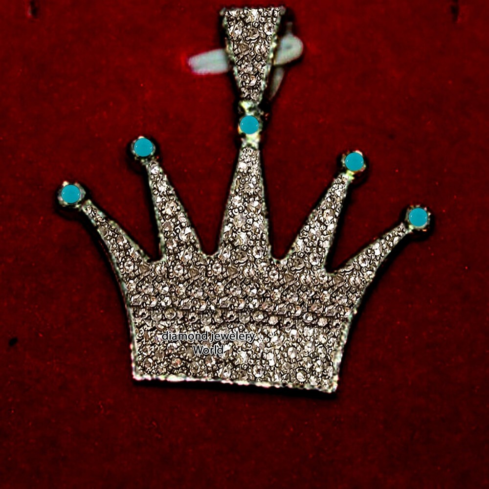 1.91ctw Rose Cut Diamond Turquoise Silver Vintage Stunning Crown Pendant Jewelry