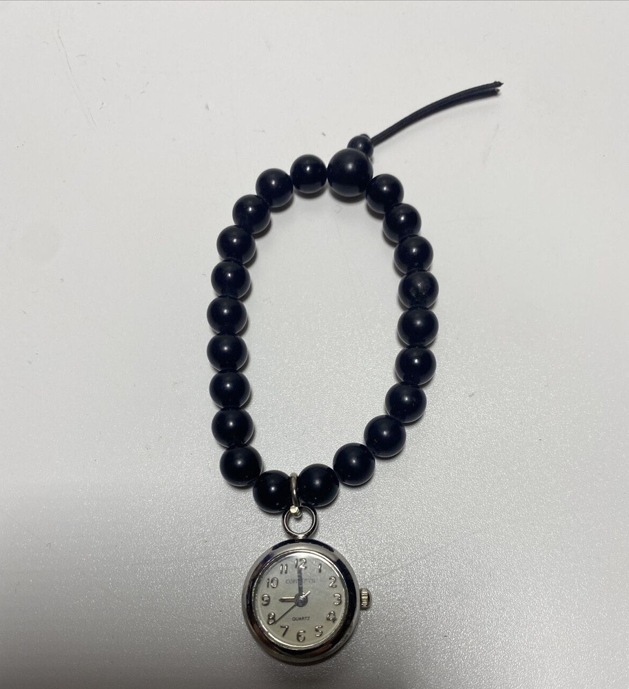 Vintage Concepts Quartz Watch Bracelet Silver Tone Shiny Black Beads New Battery