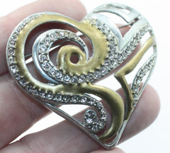 Signed Chico’s Have a Heart Brooch Pin Silvertone, Gold tone Rhinestones 2008
