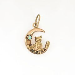 Victorian Owl and Opal Crescent Moon Pendant, Antique Gold Charm