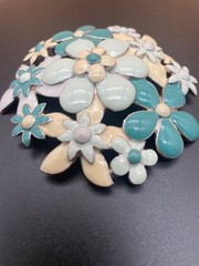 Vintage Large Turquoise and Cream Enamel Floral Broach 3” across