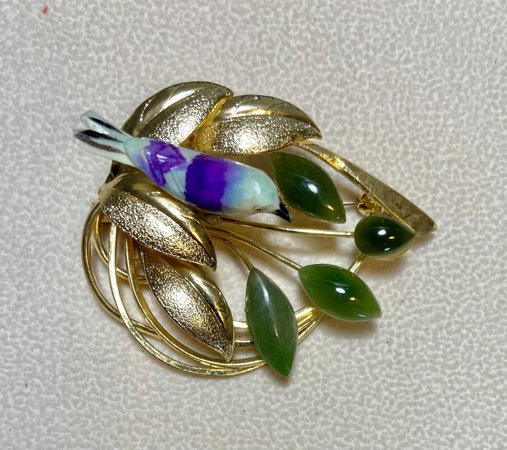 AUTHENTIC SWOBODA BIRD ON BRANCH BROOCH ~ JADE ~ CHARMING!