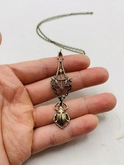 Vintage Egyptian Revival Art Nouveau Lavalier Filigree Scarab Beetle Necklace