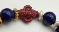 Vintage Patriotic Red White Blue Beaded Necklace Faux Cinnabar Goldstone 32″