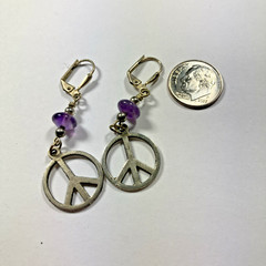 Earrings Silver Peace Sign Drop with Purple Glass Beads .75-inch x 1 7/8-inch