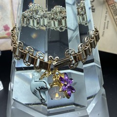 Vintage Opalite, Vtg Purple & Bluebird Charms on Vintage Book Chain Bracelet