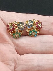 Vintage Ciner Floral Rhinestone Clip Earrings Blue Green Red Gold Tone READ