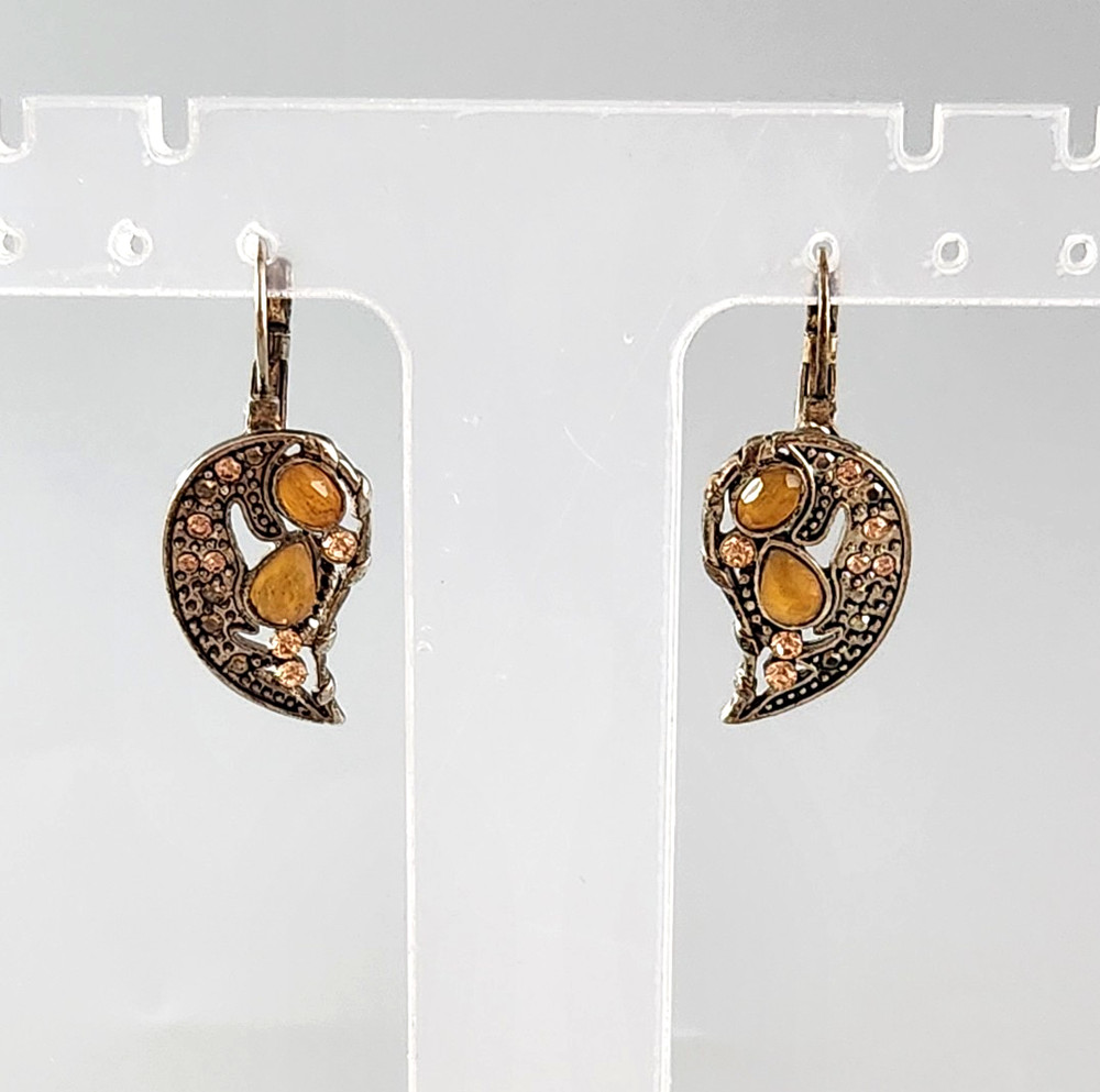 Vintage Crescent Teardrop Lever Back Silver Tone Dangle Earrings Yellow Boho