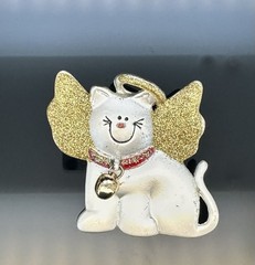 Vtg Signed Christmas Cat Angel Brooch Silvertone Gold Shimmer AJMC Bell Pin
