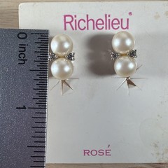 Richelieu Vintage Pearl Rhinestone Gold Clip On Signed Earrings
