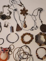 Vintage 70s Style Wood & Leather Jewelry Lot Bangles Earrings Necklace Hippie…