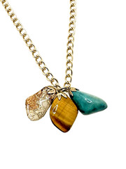 Vintage Organic Semi Precious Stone Pendant Necklace Gold Tone Dangles 30″