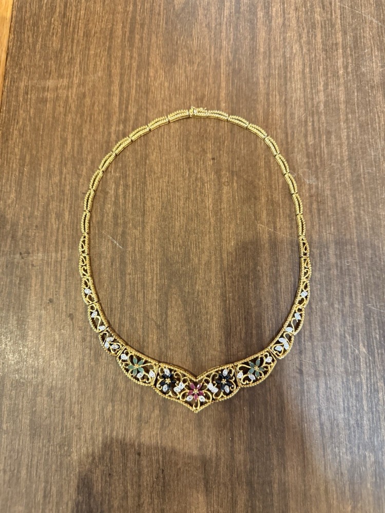 Vintage 925 Gold Plated Silver Necklace with Ruby Sapphire Jade Diamond Accents