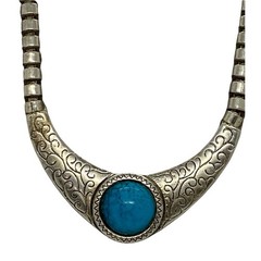 BIB 20” Necklace Silver Metal Bead Turquoise Plastic Stone Fashion Jewelry Gift