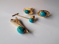Vintage Matching Set Cufflinks, Tie Bar & Tack Gold Tone W Faux Turquoise Stones