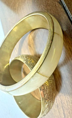 Vintage 1″ Brass Engraved Bangle & 1/2″ Bone And Brass Bangle Boho Chic Bracelet