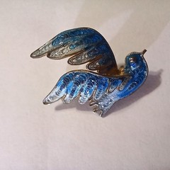 Vintage 800 Silver Filigree Plique A Jour Enamel Blue Bird Pin Brooch
