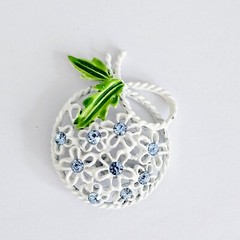 Vintage White and Green Enamel and Light Blue Rhinestone Floral Brooch
