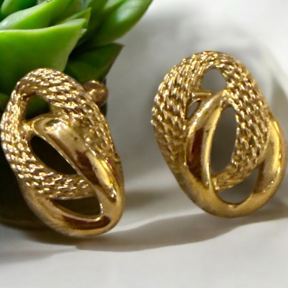 Heavy Deep Gold Tone Earrings by Napier Twist Knot Design Clip On/Screw Back