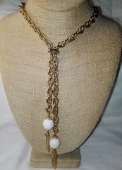 Vintage 1960’s White Lucite Bead Lariat Necklace Gold Plated Tassel Sautoir MCM