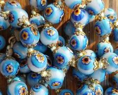 Vintage Murano Millefiori Glass Bead Necklace 28″ Long Venetian Blue Flower