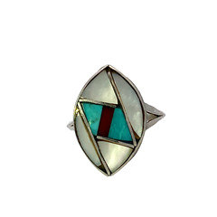 Vintage Sterling Silver Native American Marquise Shape Inlaid Multi Stone Ring