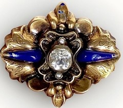 Antique 10K Yellow Gold Blue Enamel, Seed Pearls, Paste Diamond 7.3 grams 1-5/8″