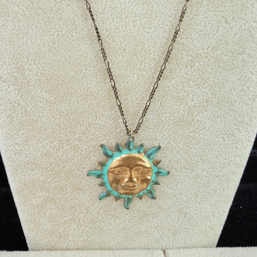 VTG. ESTATE PATINA & BRASS/COPPER SUNSHINE & THIN CHAIN NECKLACE-18″ (180)