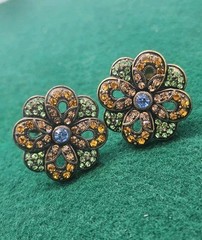 Signed LaVintage China QVC Multicolor Rhinestones Floral Clip On Earrings
