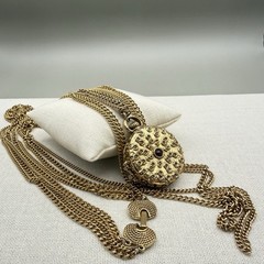 Vintage Goldette Trinket Locket Multi Strand Chain 30-42″ Blue Red Scrollwork