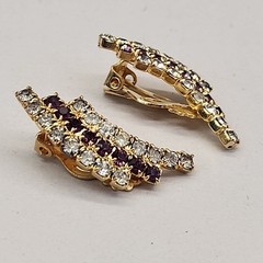 Vintage Rhinestone Clip On Earrings Purple Clear Climber Gold Tone 1 3/8″