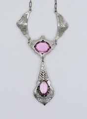 Antique Art Deco Lavalier Pendant Necklace Pink Glass Filigree Edwardian