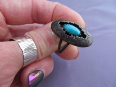 VINTAGE OLD PAWN STERLING R.M.J. ROBERT M JOHNSON OVAL SHADOW BOX TURQUOISE RING