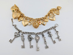 CHARM BRACELET LOT 7″ goldtone heart & locket, 6.25″ vintage silvertone key B1